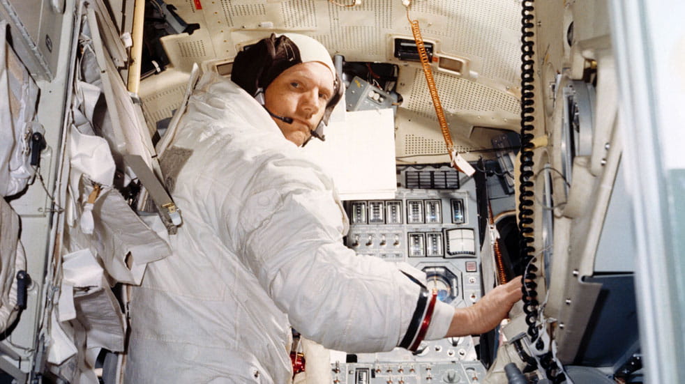 Neil Armstong performs lunar module simulations